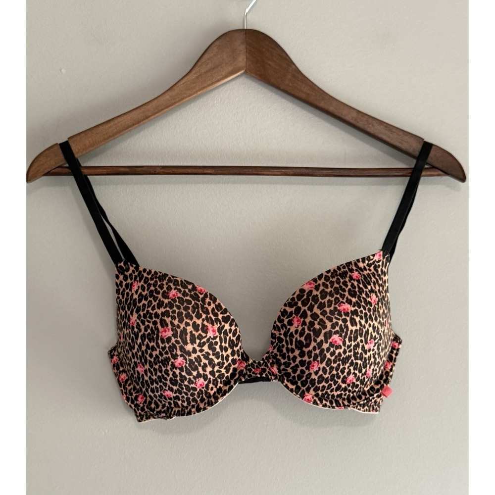 Victoria's Secret Leopard Floral Push Up Bra Padded Animal Print Adjustable 32D - Picture 2 of 15